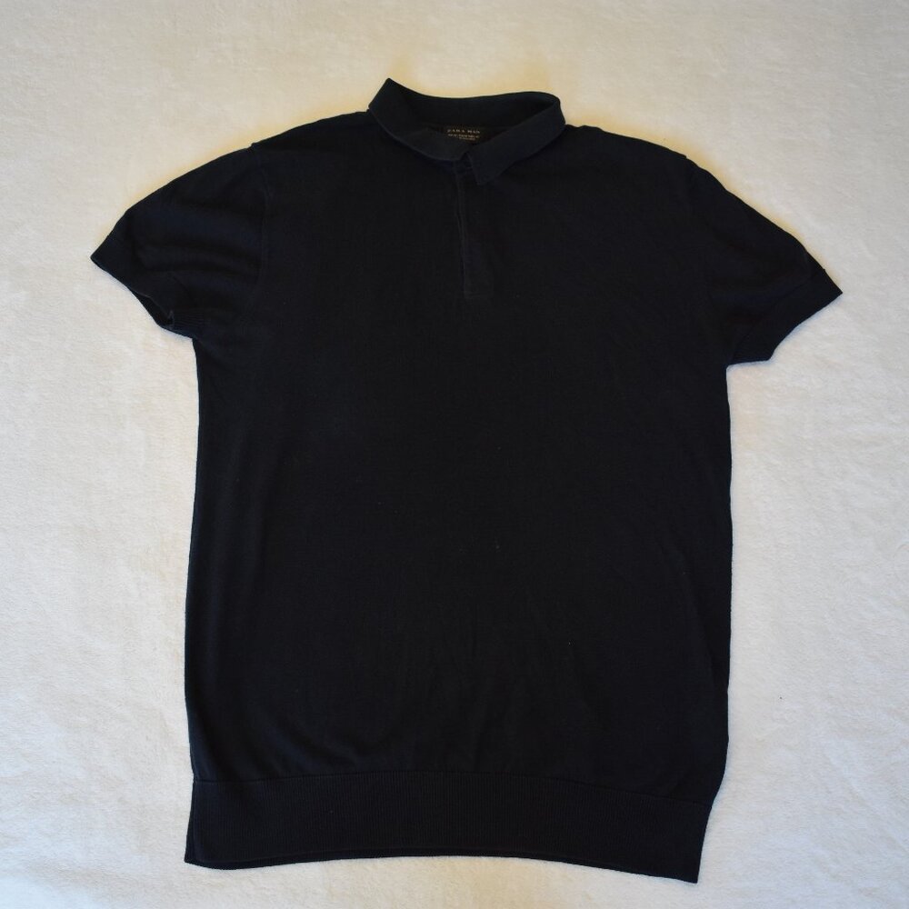 Zara Man Navy Blue 100% cotton Short Sleeve Knit Polo Sweater